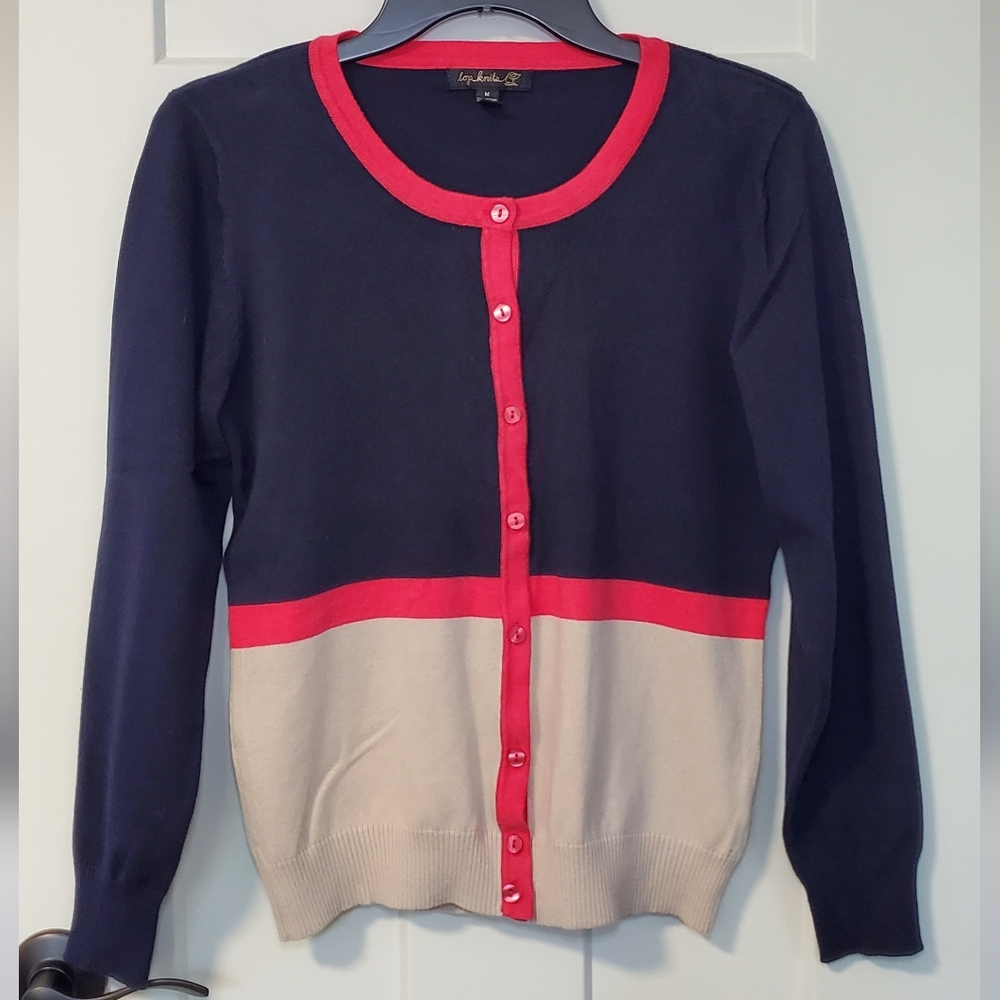 Top Knits Blue and pink Cardigan Sweater